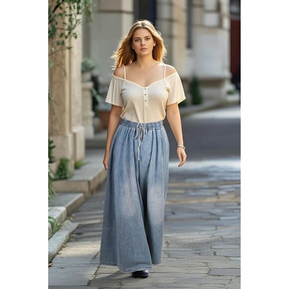 Women's Plus Size Baggy Denim Jeans Wide Leg Elastic Waist Pockets Casual - Picture 3 of 7